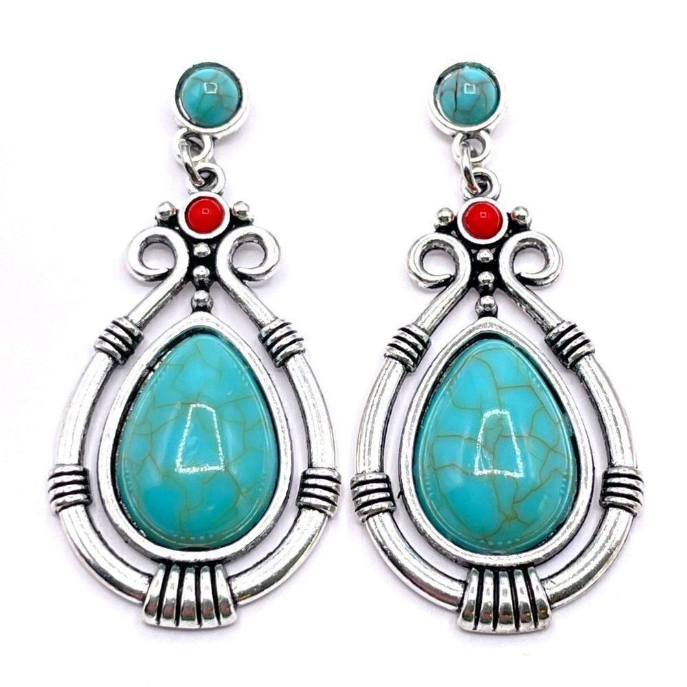 Silver with Turquoise and Red Oil Drip Tear Drop Boho Post Back Earrings